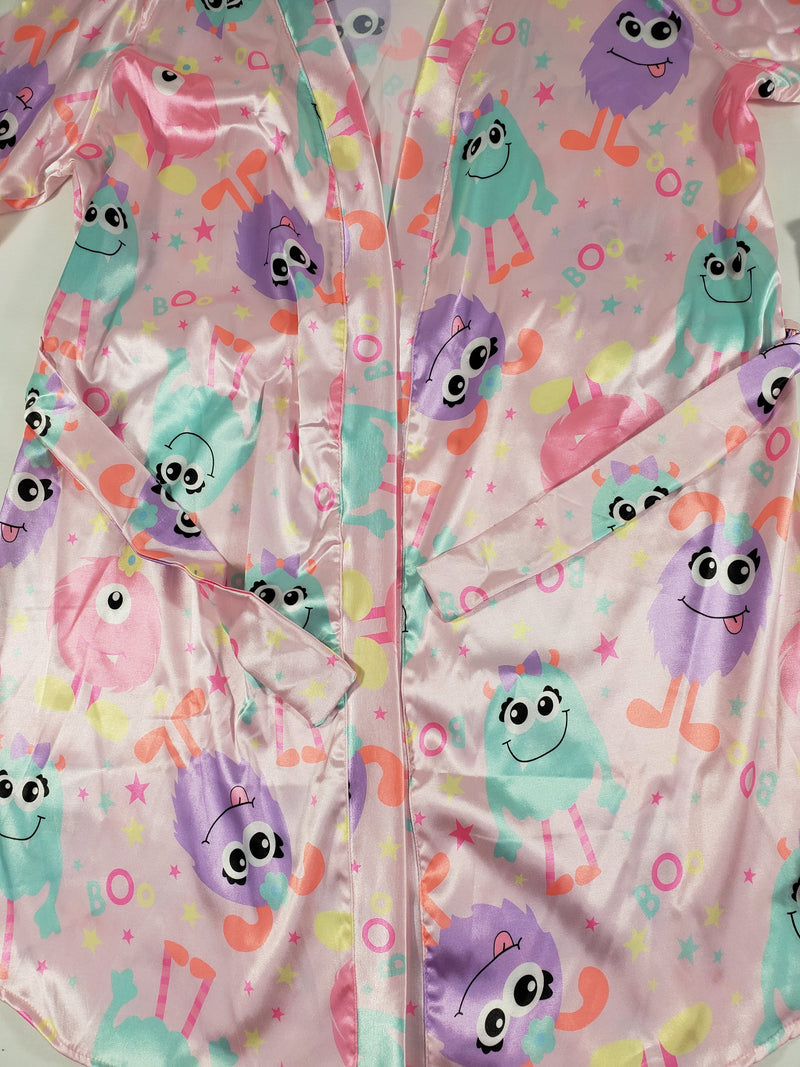 Women's 3-piece pink set satin robe and sexy shorts cute monsters theme classic white blouse - Princess Pajamas