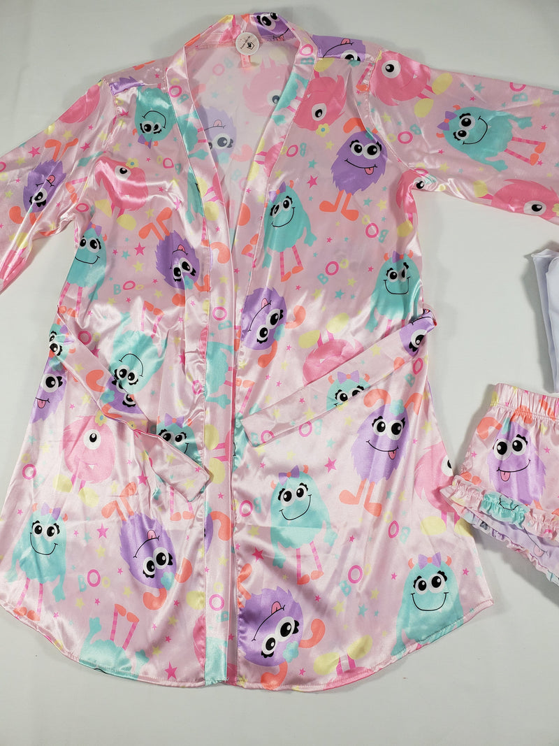 Women's 3-piece pink set satin robe and sexy shorts cute monsters theme classic white blouse - Princess Pajamas