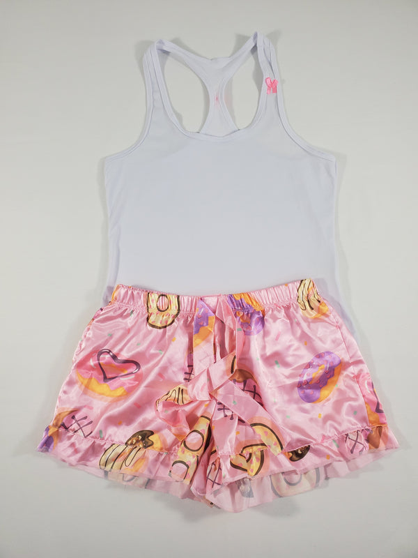 Mellow Women's pajama set pink satin shorts donuts and hearts theme white blouse - Princess Pajamas