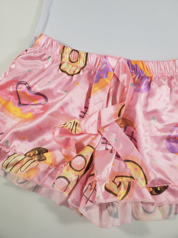 Mellow Women's pajama set pink satin shorts donuts and hearts theme white blouse - Princess Pajamas