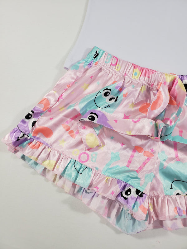 Mellow Women's pajama set pink satin shorts cute monsters theme white blouse - Princess Pajamas