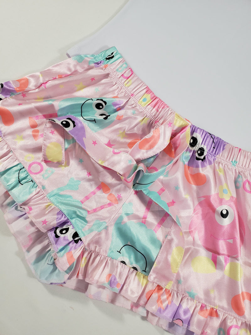 Mellow Women's pajama set pink satin shorts cute monsters theme white blouse - Princess Pajamas