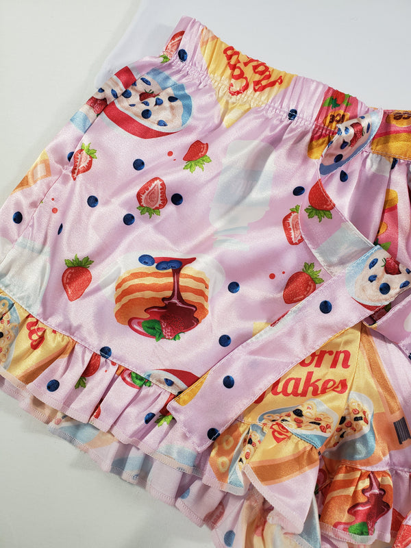 Mellow Women's pajama set pink satin shorts breakfast cereal theme white blouse - Princess Pajamas