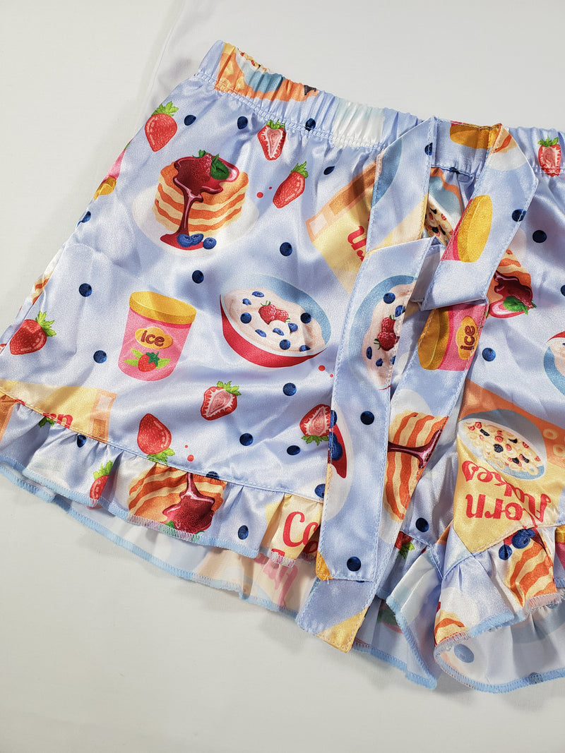 Blue satin Mellow Women's pajama set breakfast theme white blouse - Princess Pajamas