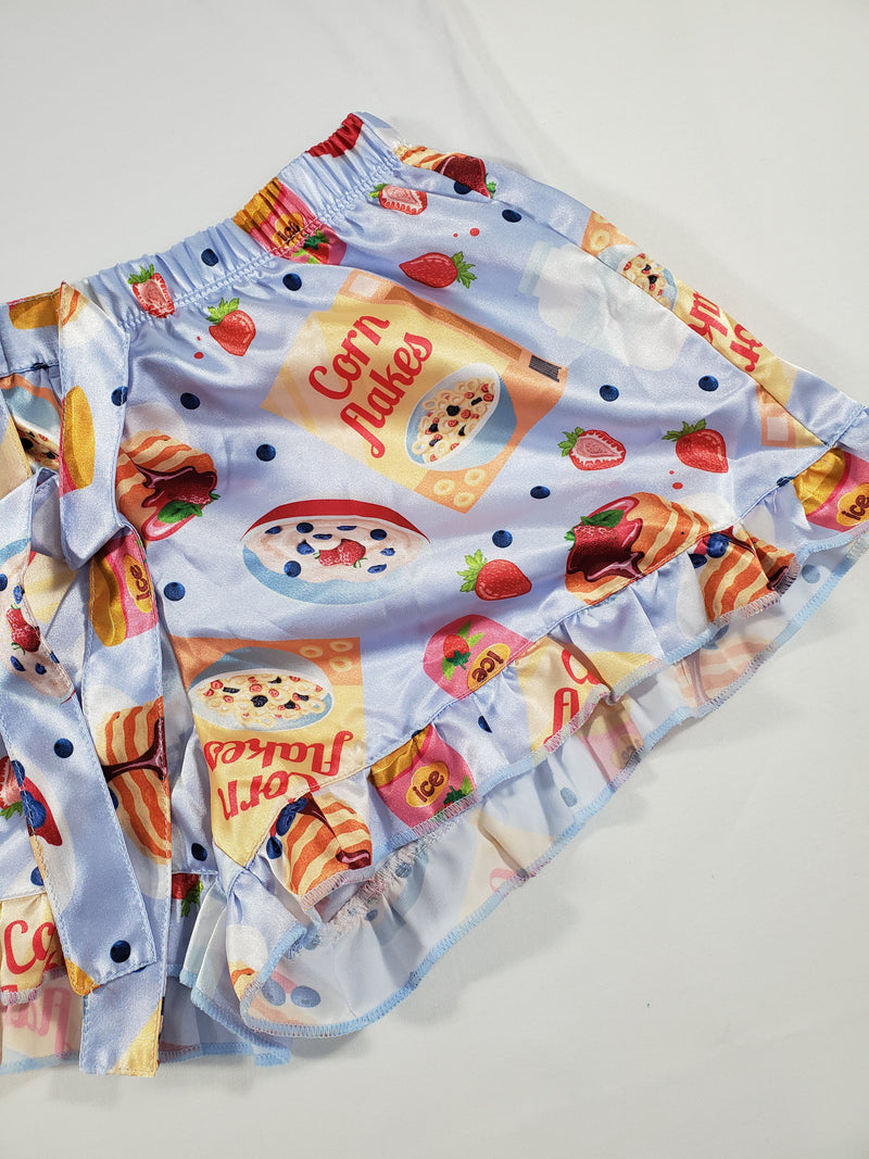 Blue satin Mellow Women's pajama set breakfast theme white blouse - Princess Pajamas