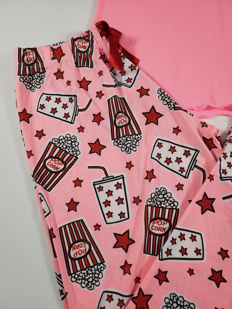 Women's Pajama set pink pants stars and popcorn theme pink blouse - Princess Pajamas