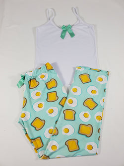 Women's Pajama set green pants fried eggs and toast theme white blouse - Princess Pajamas