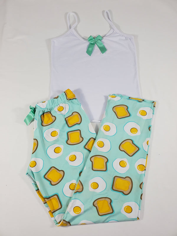 Women's Pajama set green pants fried eggs and toast theme white blouse - Princess Pajamas