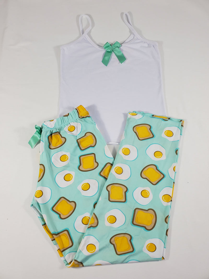 Women's Pajama set green pants fried eggs and toast theme white blouse - Princess Pajamas