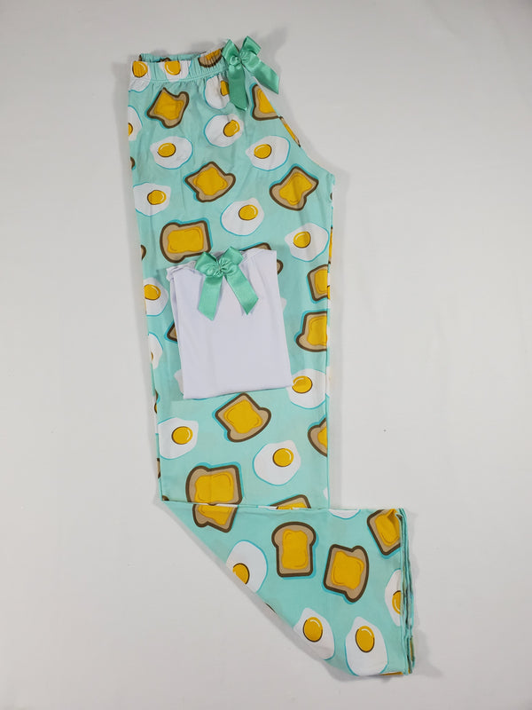 Women's Pajama set green pants fried eggs and toast theme white blouse - Princess Pajamas
