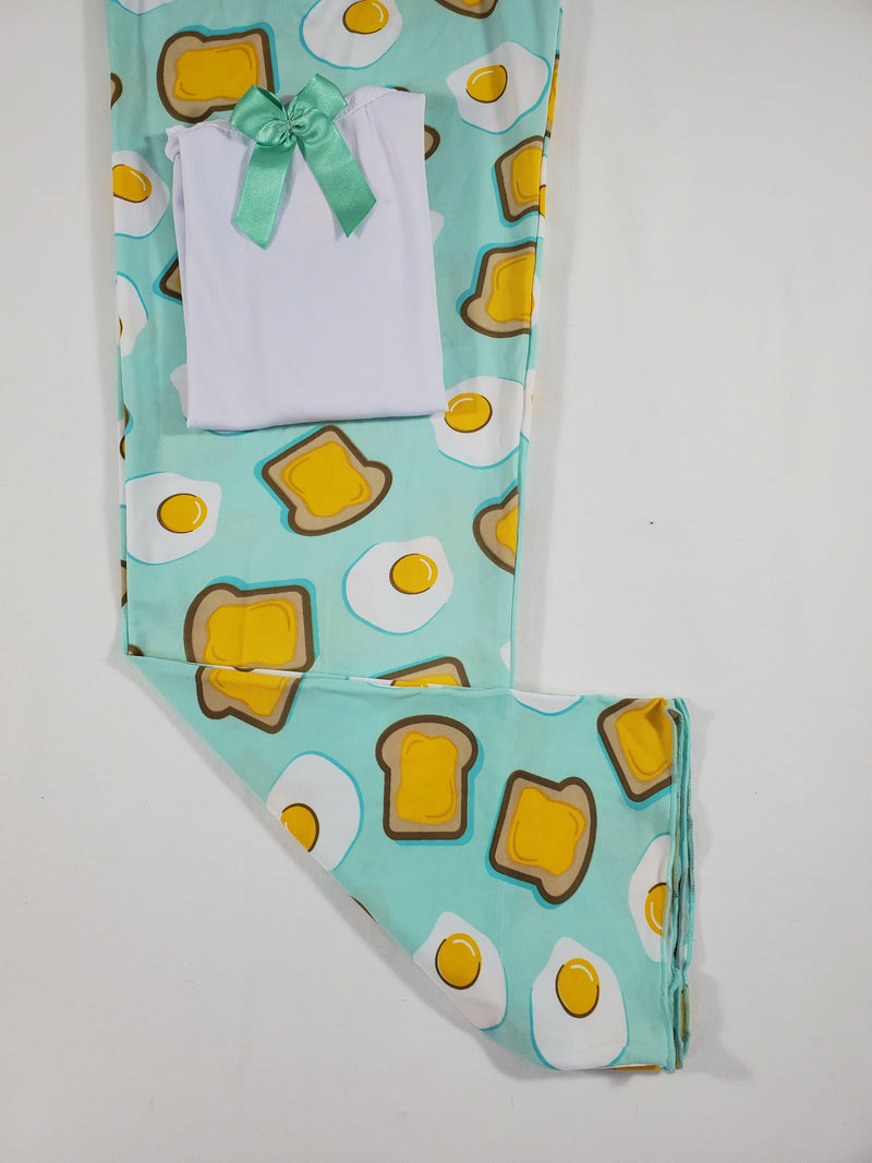 Women's Pajama set green pants fried eggs and toast theme white blouse - Princess Pajamas