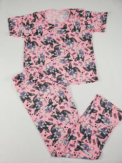 Women's Pajama set pink pants and short sleeve shirt puppies and love theme - Princess Pajamas