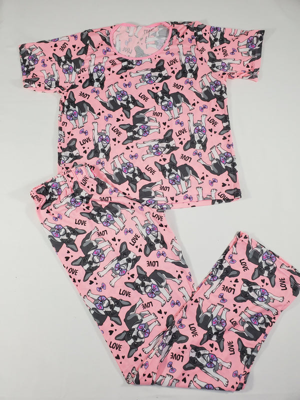 Women's Pajama set pink pants and short sleeve shirt puppies and love theme - Princess Pajamas