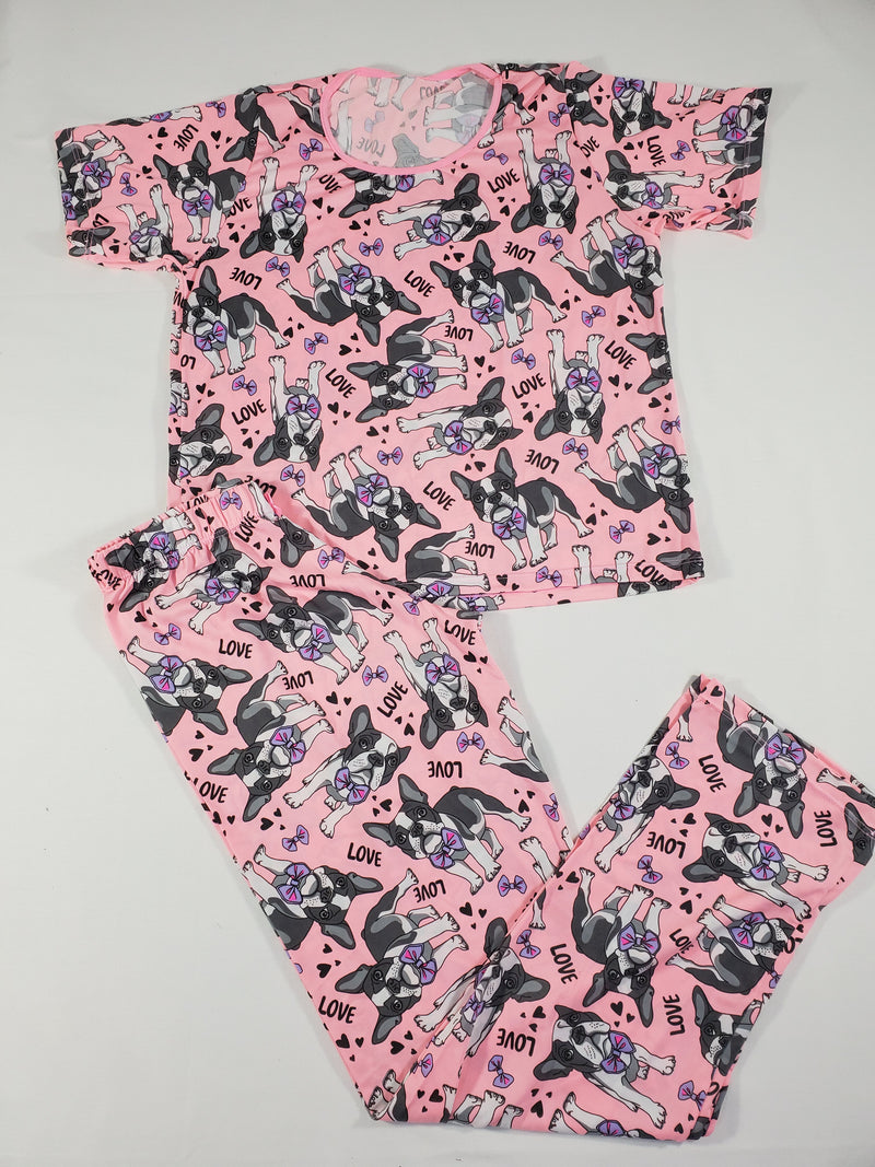 Women's Pajama set pink pants and short sleeve shirt puppies and love theme - Princess Pajamas