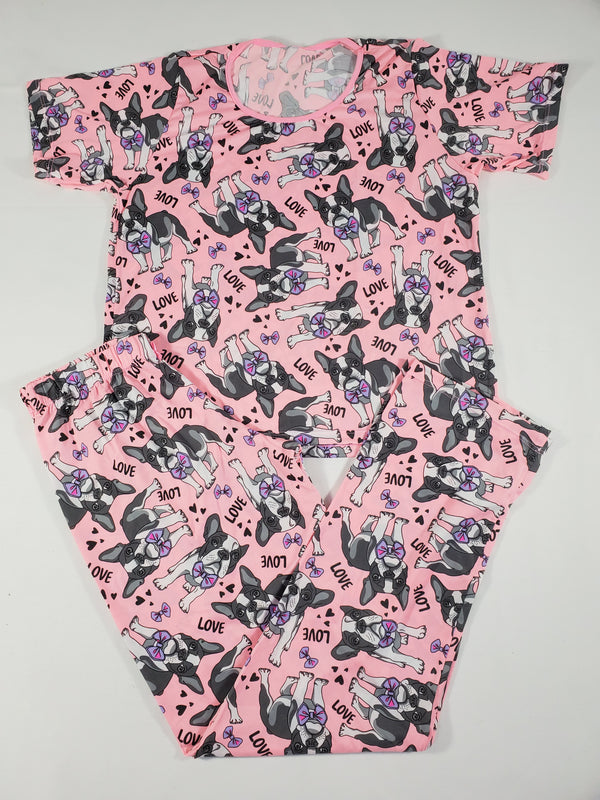 Women's Pajama set pink pants and short sleeve shirt puppies and love theme - Princess Pajamas