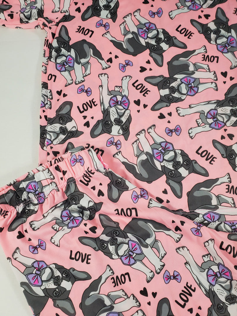 Women's Pajama set pink pants and short sleeve shirt puppies and love theme - Princess Pajamas