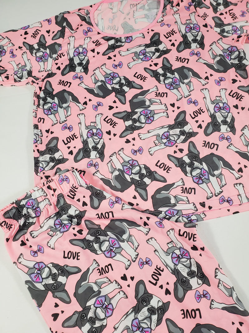 Women's Pajama set pink pants and short sleeve shirt puppies and love theme - Princess Pajamas