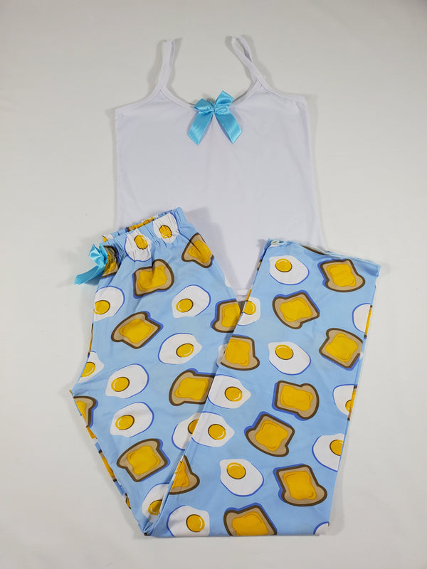 Blue classic Women's pajama fried eggs and toast theme pants white blouse - Princess Pajamas