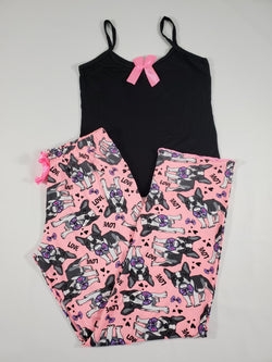 Women's Pajama set pink pants puppies and love theme black blouse - Princess Pajamas