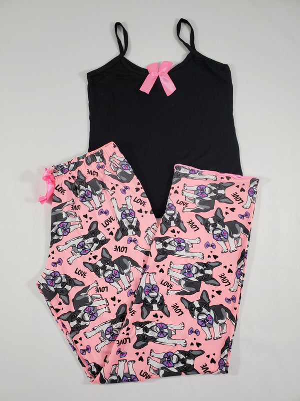 Women's Pajama set pink pants puppies and love theme black blouse - Princess Pajamas