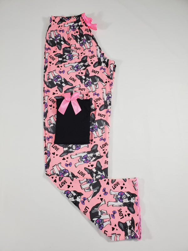 Women's Pajama set pink pants puppies and love theme black blouse - Princess Pajamas