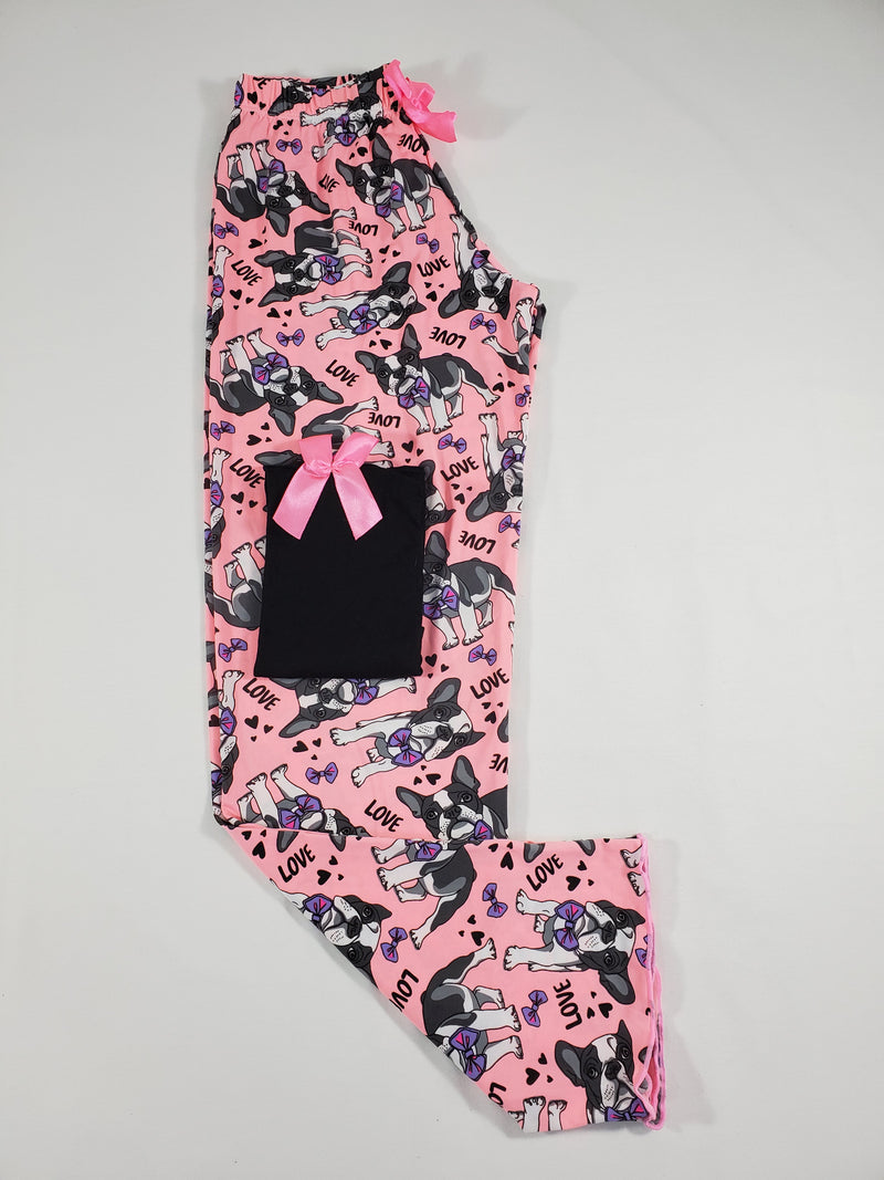 Women's Pajama set pink pants puppies and love theme black blouse - Princess Pajamas