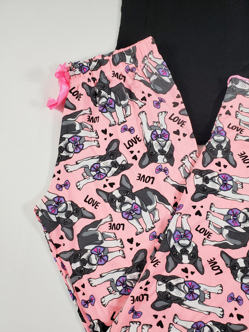 Women's Pajama set pink pants puppies and love theme black blouse - Princess Pajamas