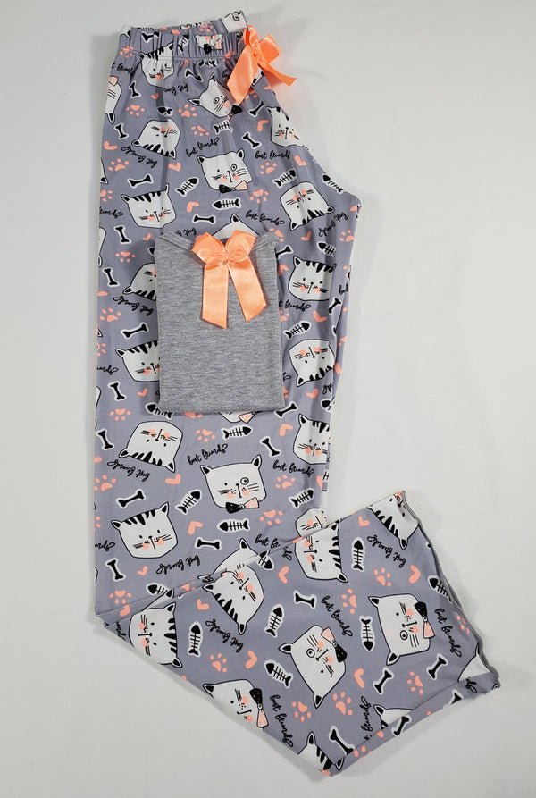 Women's Pajama set gray pants kittens theme gray blouse - Princess Pajamas