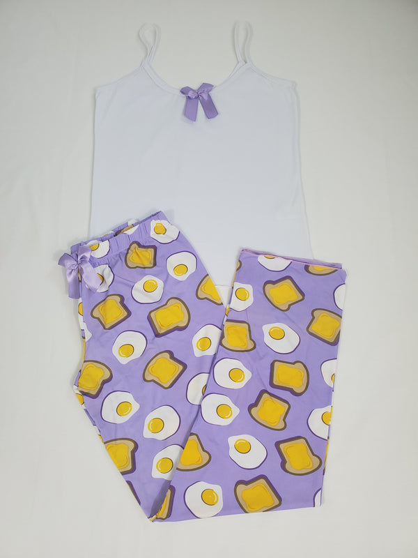 Women's Pajama set purple pants fired eggs and toast theme white blouse - Princess Pajamas