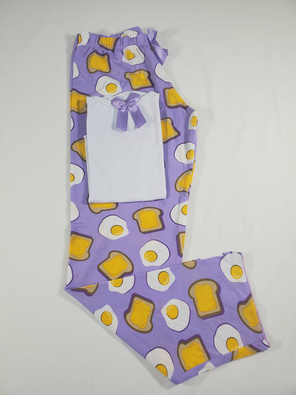 Women's Pajama set purple pants fired eggs and toast theme white blouse - Princess Pajamas