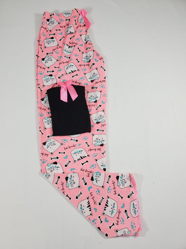 Women's Pajama set pink pants kittens theme black blouse - Princess Pajamas