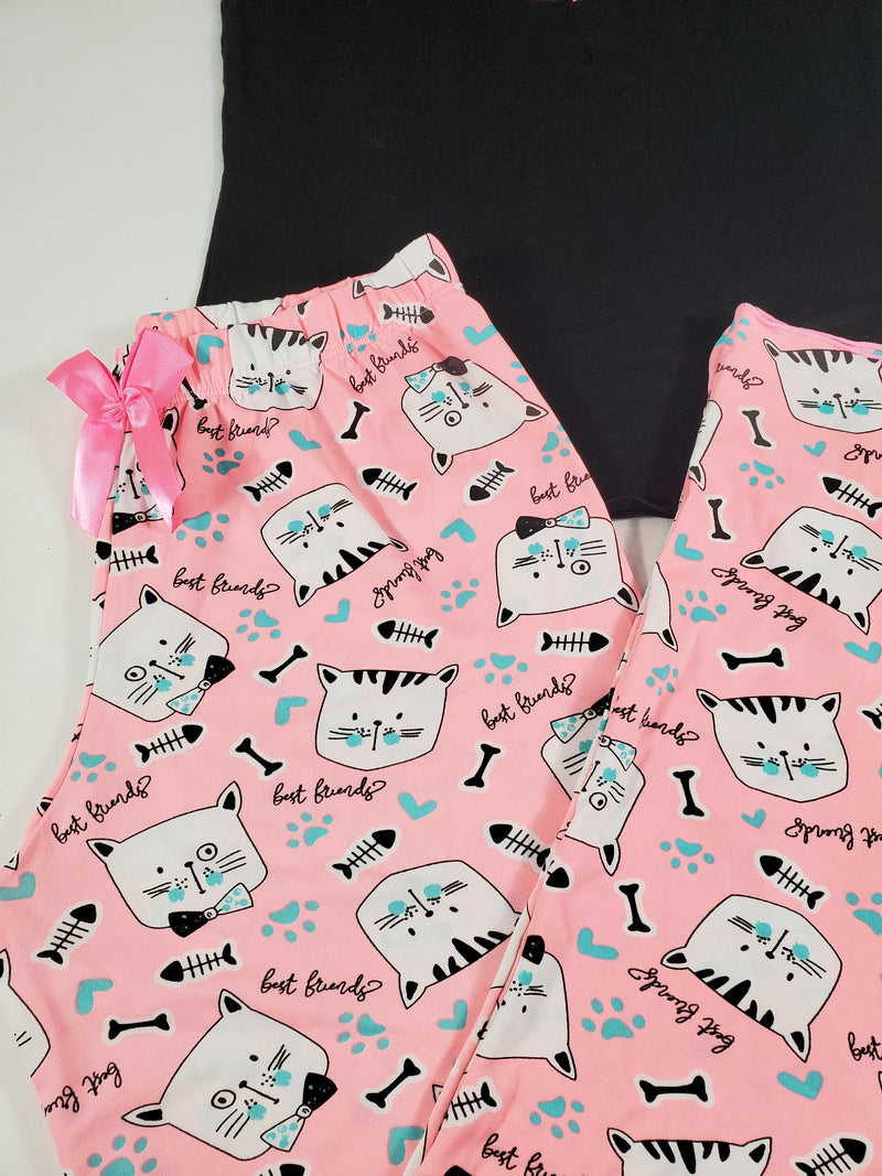 Women's Pajama set pink pants kittens theme black blouse - Princess Pajamas