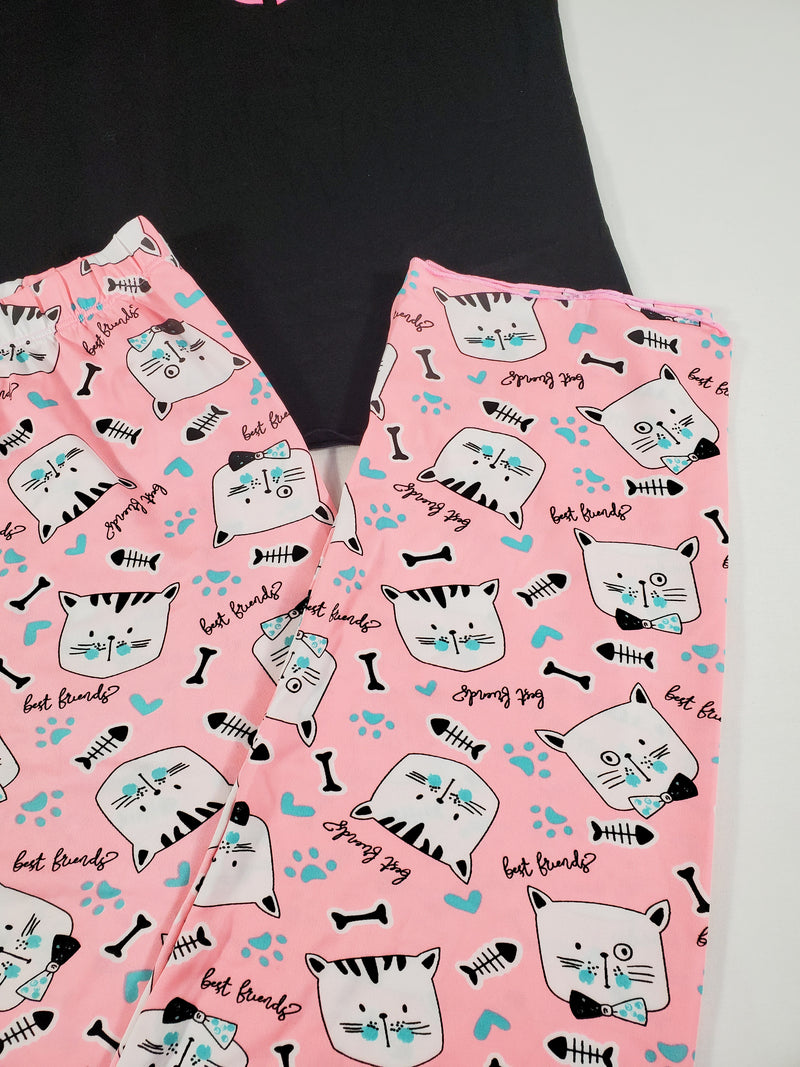 Women's Pajama set pink pants kittens theme black blouse - Princess Pajamas