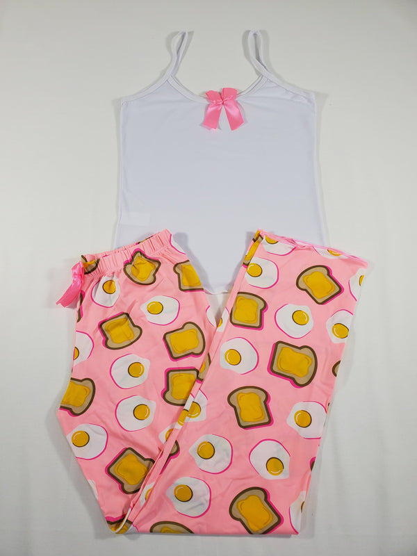 Women's Pajama set pink pants fried eggs and toast theme white blouse - Princess Pajamas