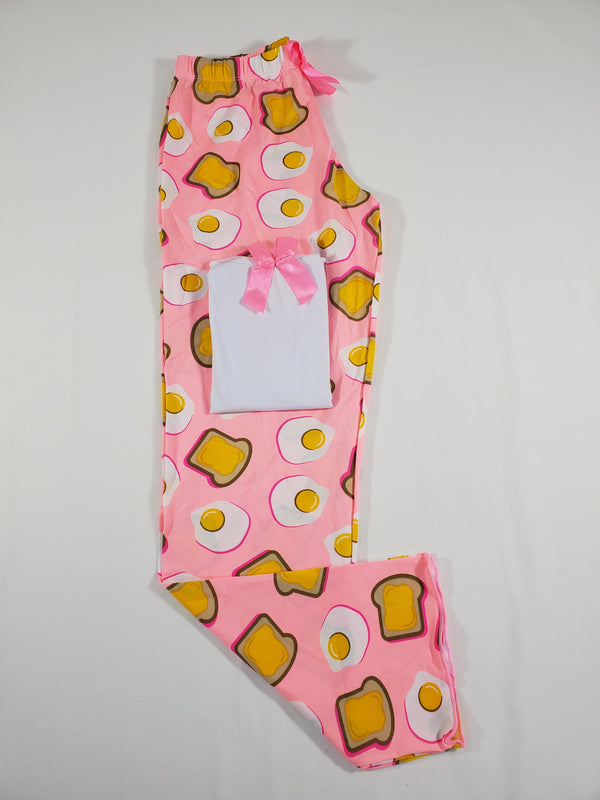 Women's Pajama set pink pants fried eggs and toast theme white blouse - Princess Pajamas