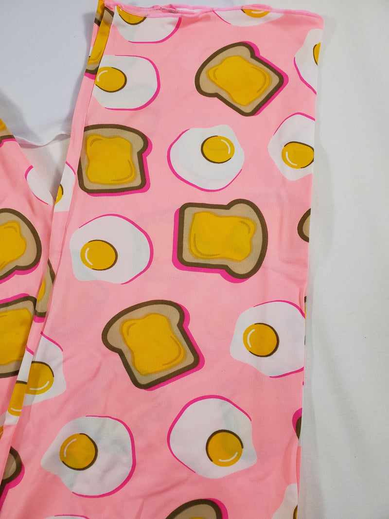 Women's Pajama set pink pants fried eggs and toast theme white blouse - Princess Pajamas