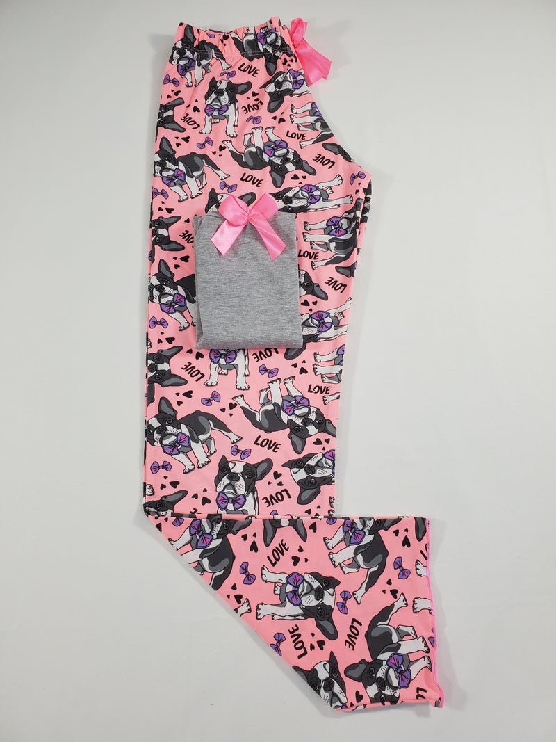 Women's Pajama set pink pants puppies and love theme gray blouse - Princess Pajamas