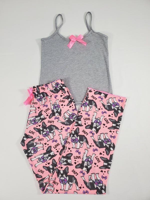 Women's Pajama set pink pants puppies and love theme gray blouse - Princess Pajamas