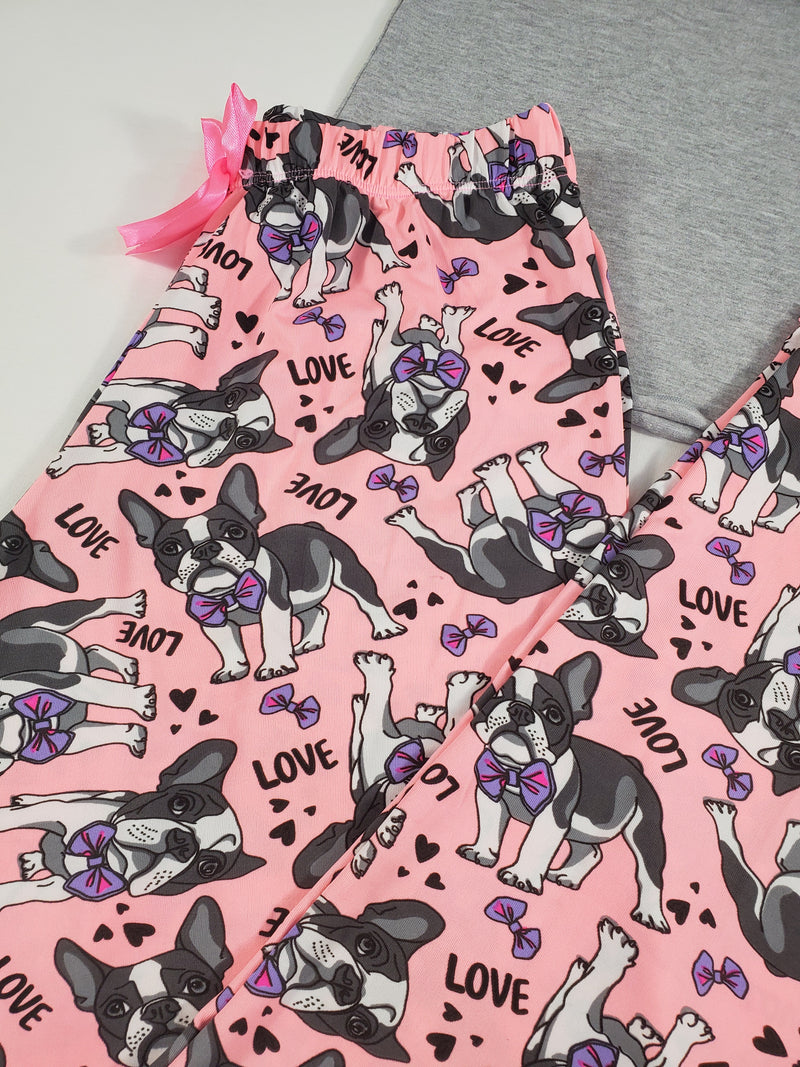 Women's Pajama set pink pants puppies and love theme gray blouse - Princess Pajamas