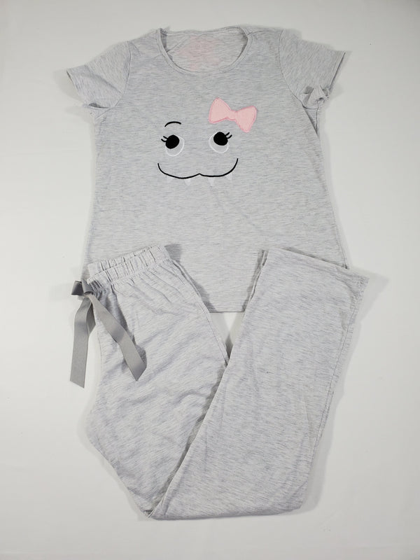 California Women's pajama set gray pants gray short sleeve shirt smiley face image - Princess Pajamas