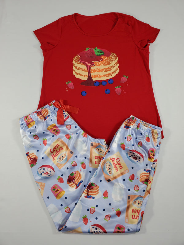 Sexy blue satin Women's pajama pants with red shirt breakfast theme - Princess Pajamas