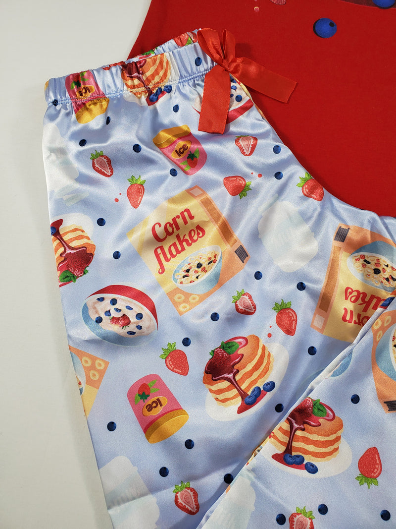 Sexy blue satin Women's pajama pants with red shirt breakfast theme - Princess Pajamas