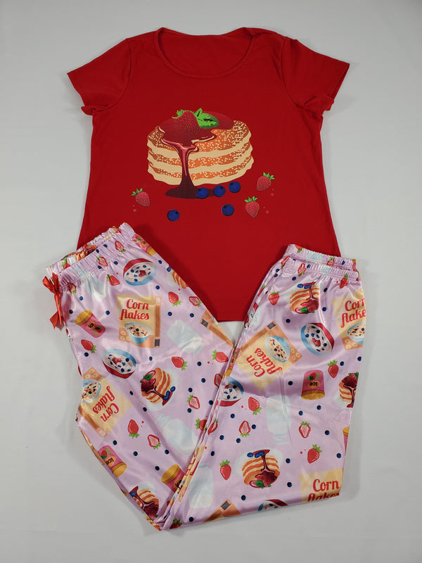 Sexy pink satin Women's pajama pants with breakfast pancake theme and red shirt - Princess Pajamas