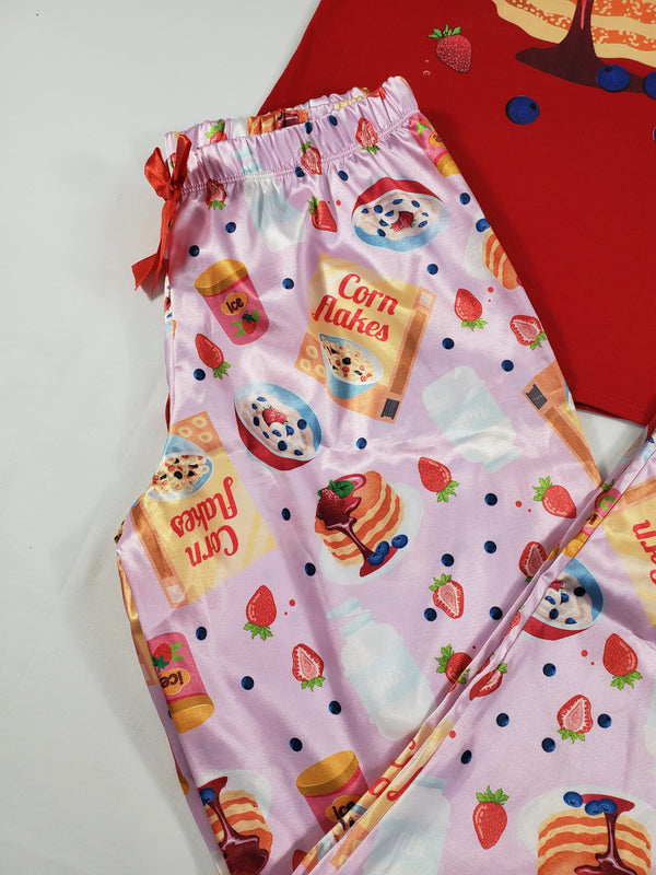 Sexy pink satin Women's pajama pants with breakfast pancake theme and red shirt - Princess Pajamas