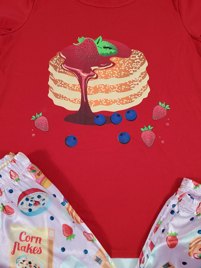 Sexy pink satin Women's pajama pants with breakfast pancake theme and red shirt - Princess Pajamas