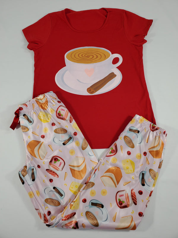 Sexy cinnamon satin Women's pajama pants with red shirt breakfast and coffee theme - Princess Pajamas