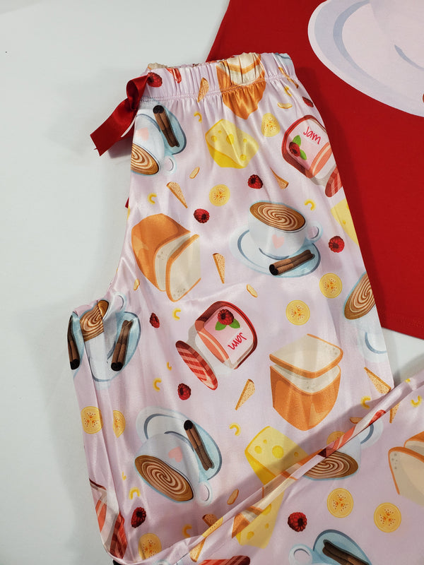 Sexy cinnamon satin Women's pajama pants with red shirt breakfast and coffee theme - Princess Pajamas