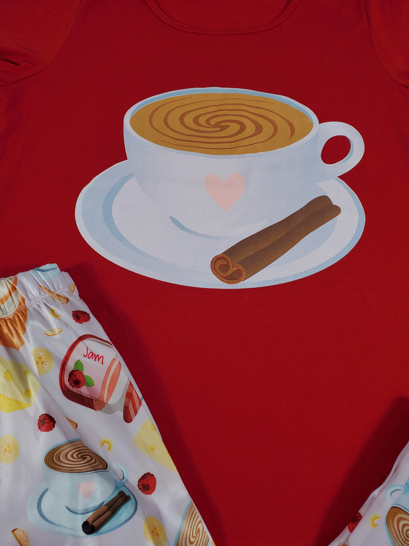 Sexy cinnamon satin Women's pajama pants with red shirt breakfast and coffee theme - Princess Pajamas