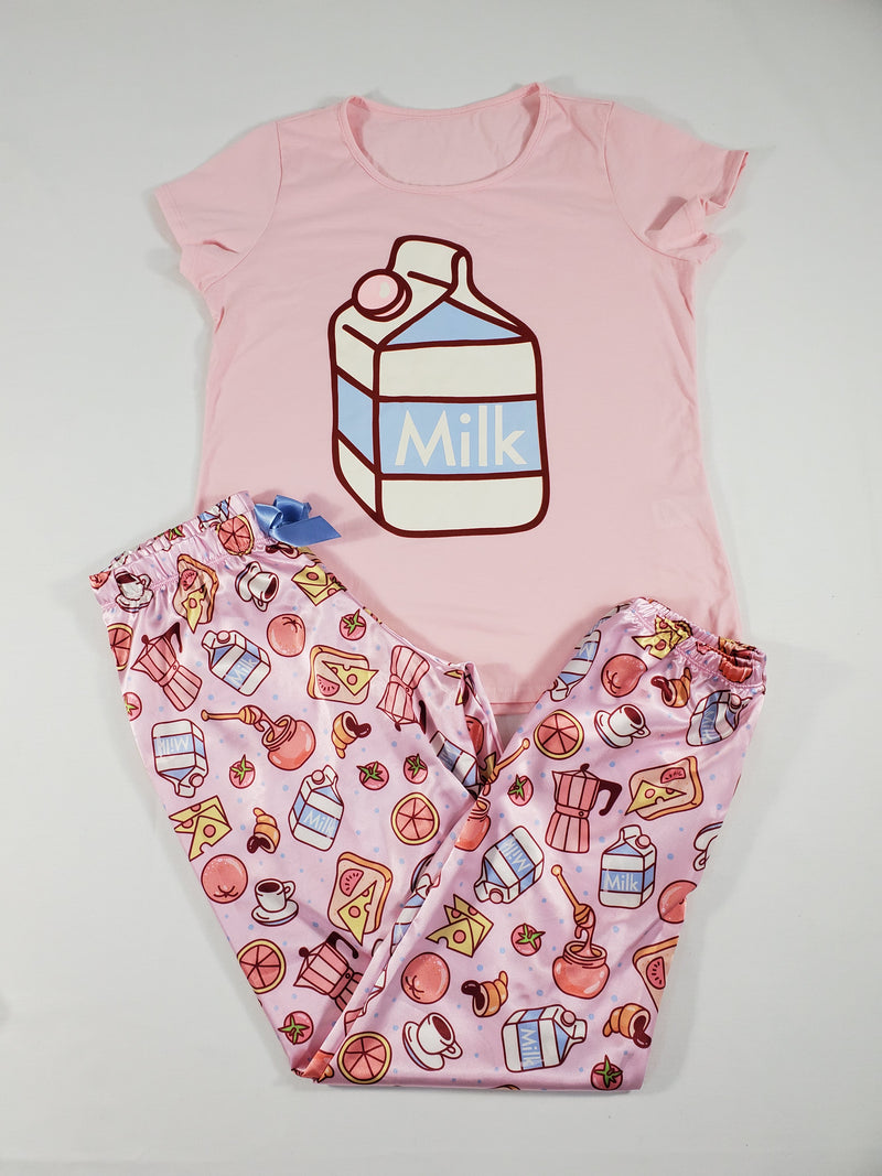 Sexy satin pink Women's pajama pants and pink shirt with milk and breakfast theme - Princess Pajamas