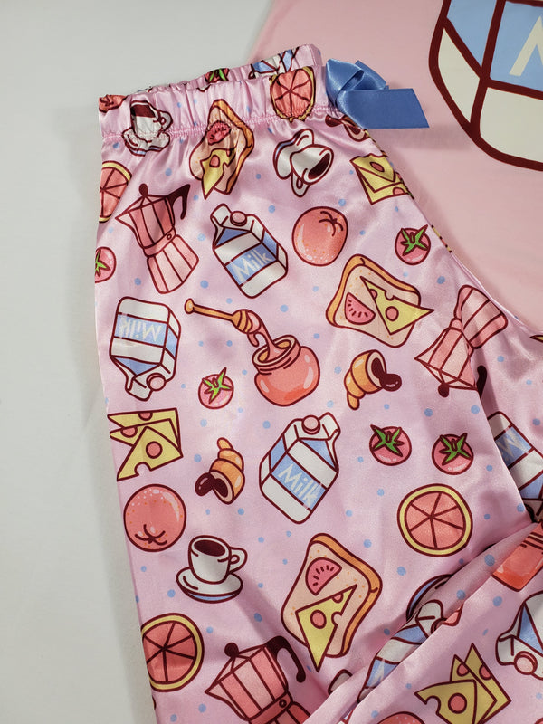 Sexy satin pink Women's pajama pants and pink shirt with milk and breakfast theme - Princess Pajamas